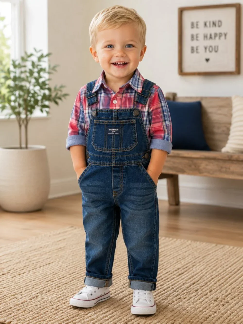 NWT OshKosh B’gosh Toddler Boy 2-Piece Overall Set Size 24M Plaid Shirt & Denim